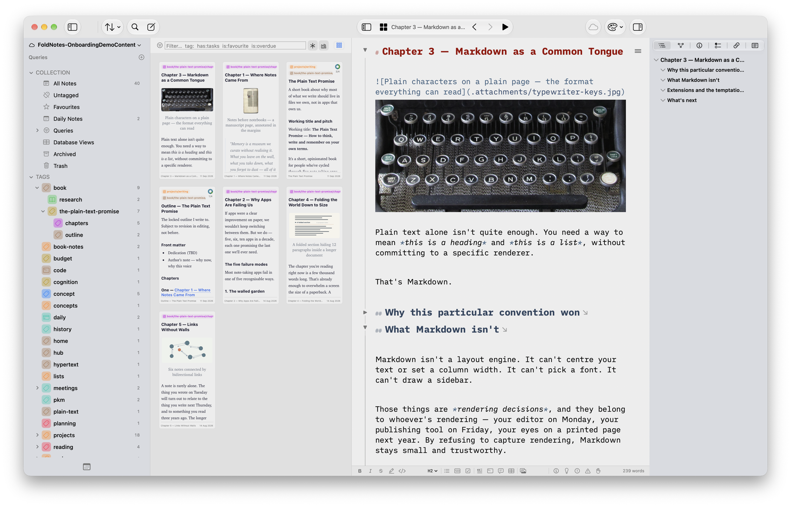 FoldNotes on macOS — the tag tree, a gallery of notes with pictures and task rings, and a chapter folded to its headings in the editor