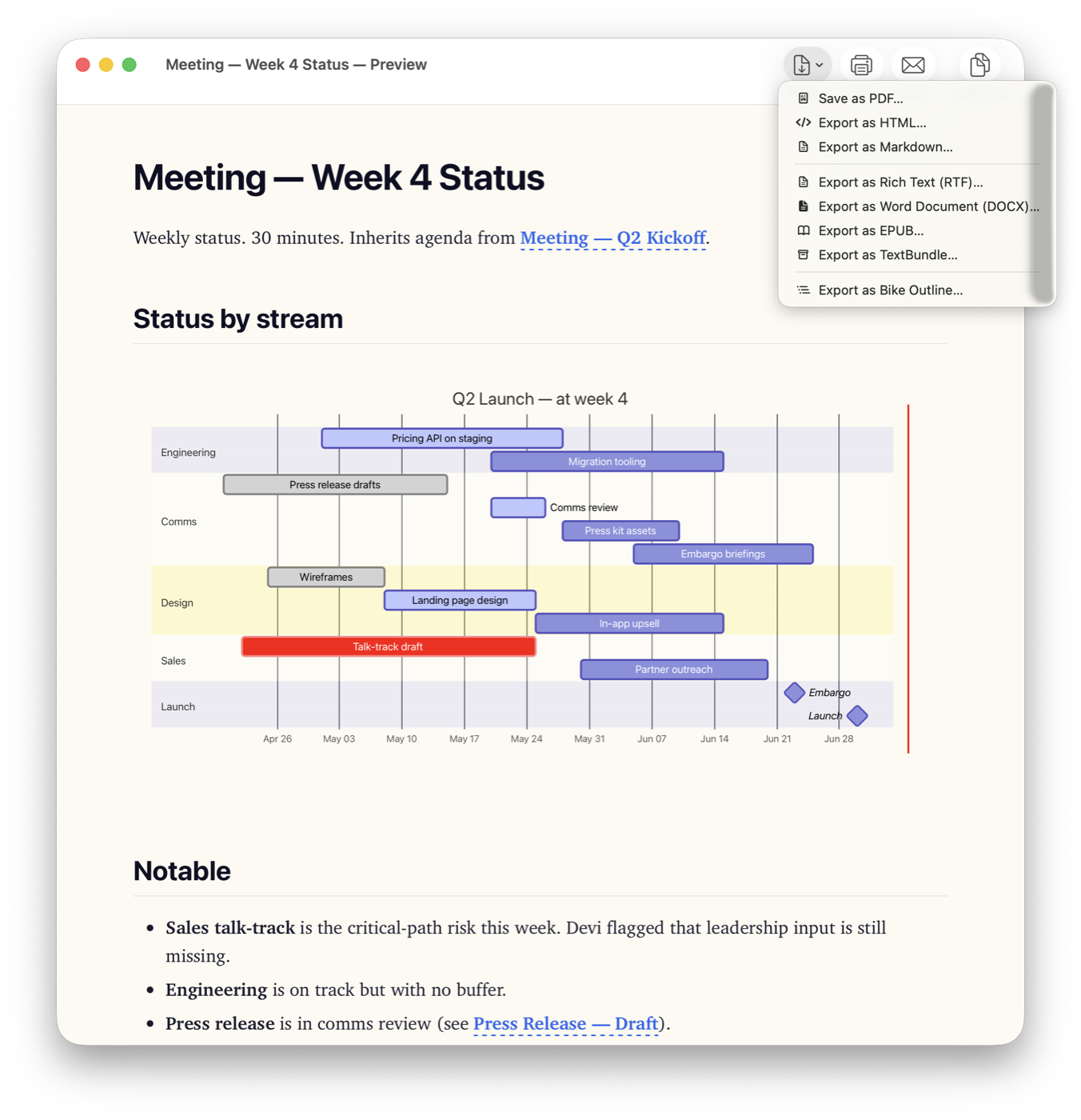 FoldNotes export menu listing PDF, HTML, Markdown, RTF, Word, EPUB, TextBundle, and Bike Outline