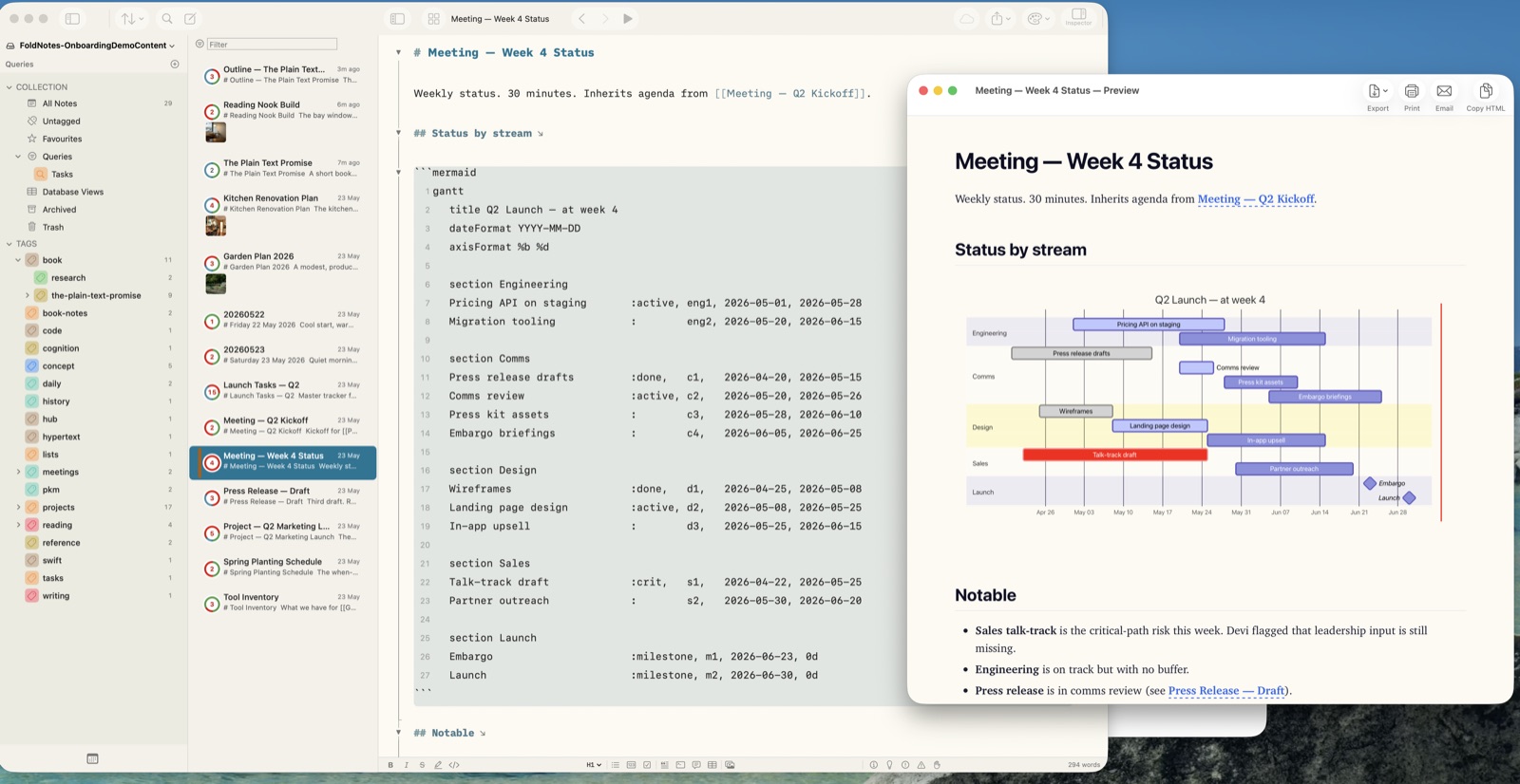 FoldNotes editor with fold arrows beside headings, next to a live preview