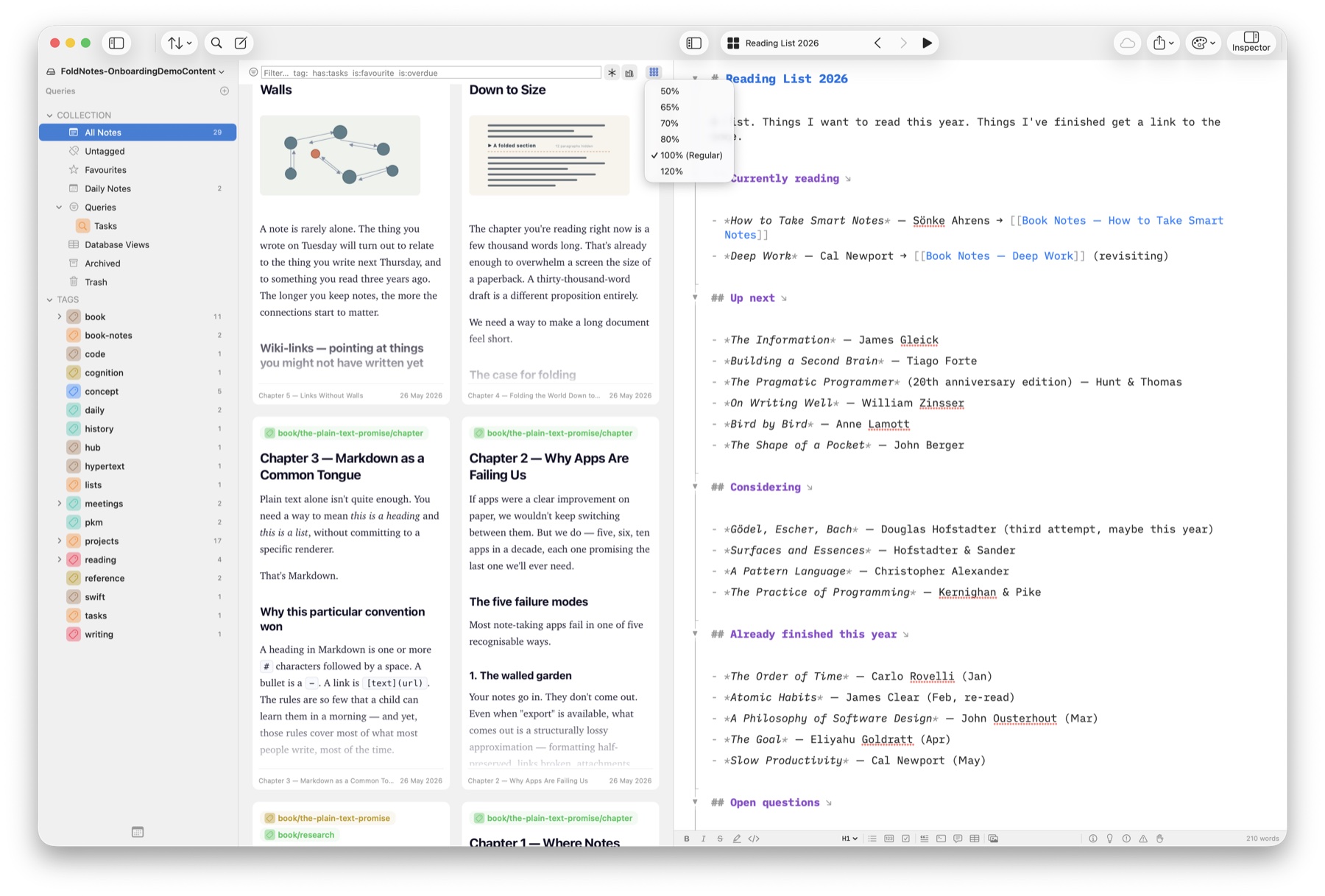 FoldNotes gallery at 100% card size — two columns of readable note cards beside the open editor, with the Card Size menu showing 50% to 120%