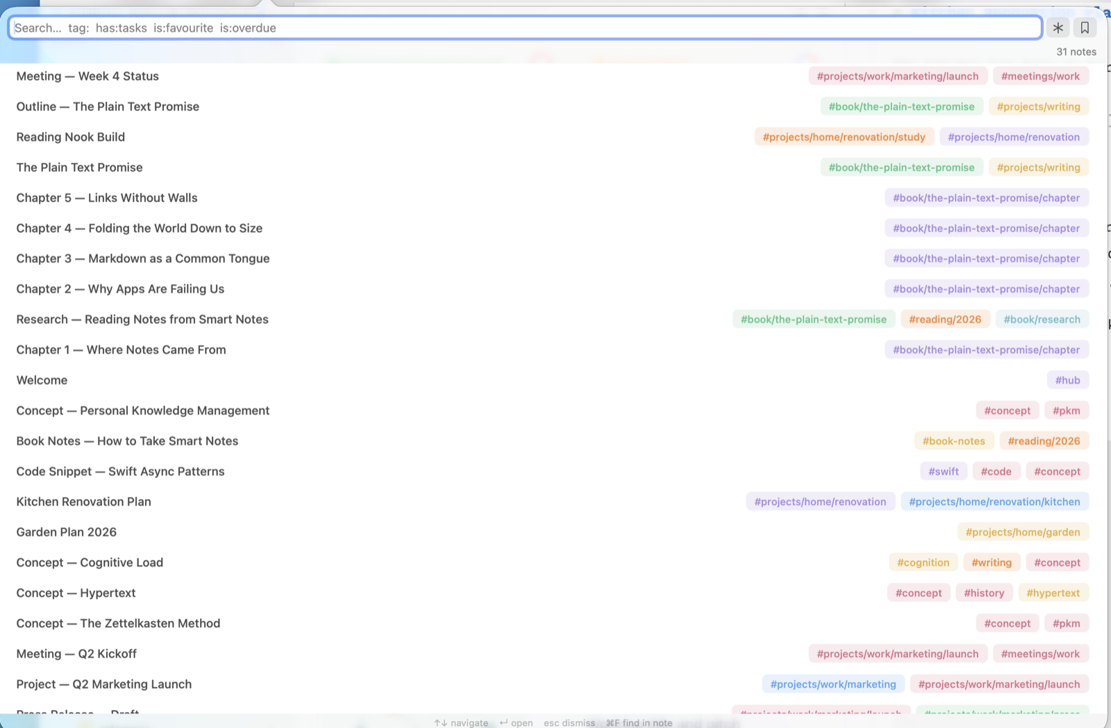 FoldNotes search palette filtering notes by tag and query tokens