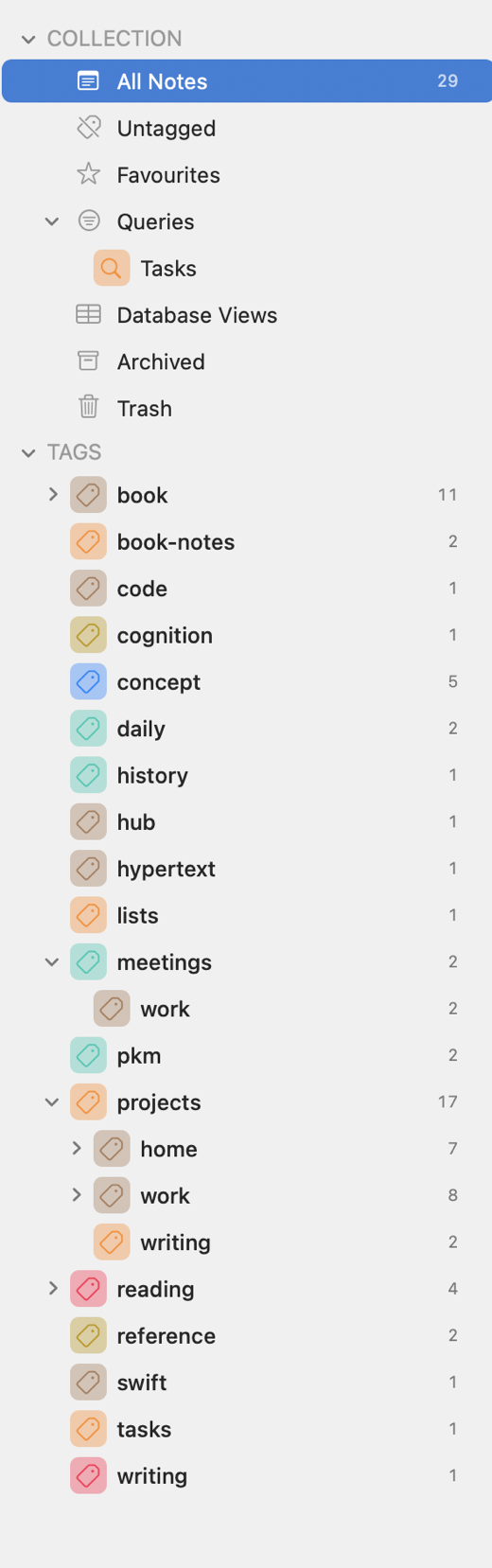FoldNotes sidebar showing collection navigation and a nested, colour-coded tag tree