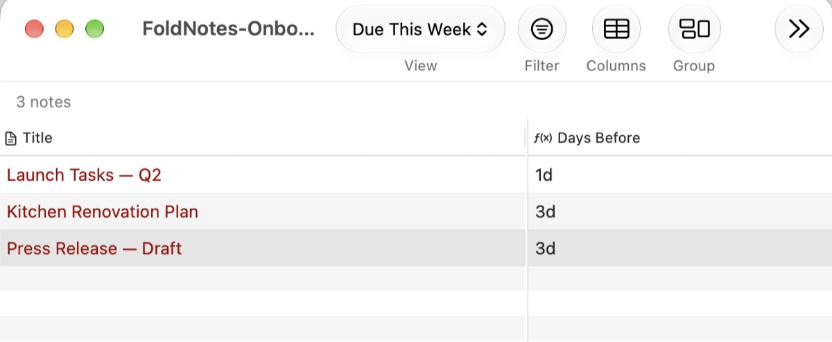 A database view of notes due this week
