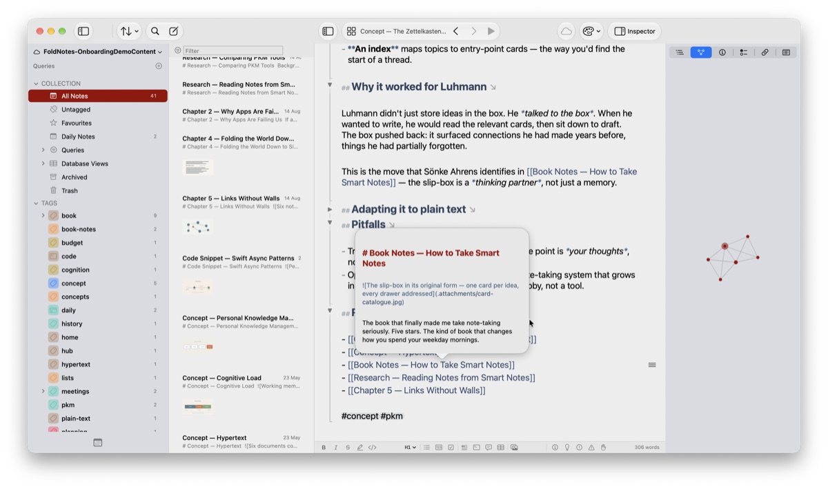 A link preview beside the note’s graph